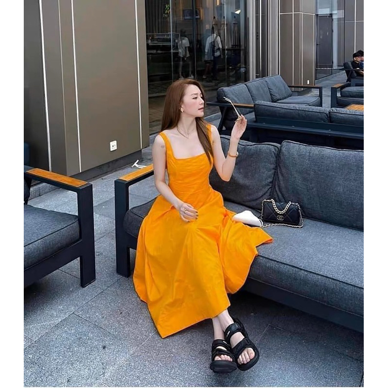 Váy dáng dài hai dây màu cam hàng xuất Zara