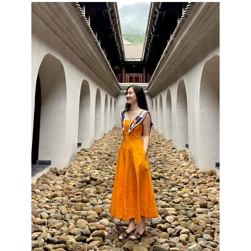 Váy dáng dài hai dây màu cam hàng xuất Zara
