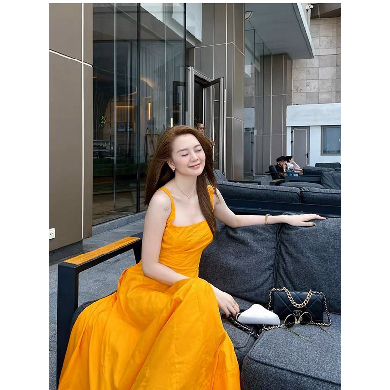 Váy dáng dài hai dây màu cam hàng xuất Zara
