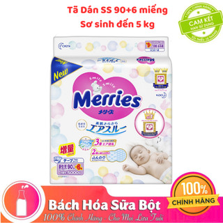 Tã/bỉm dán merries size ss90+6/ s82+6/ m64+4/ l54/ xl44