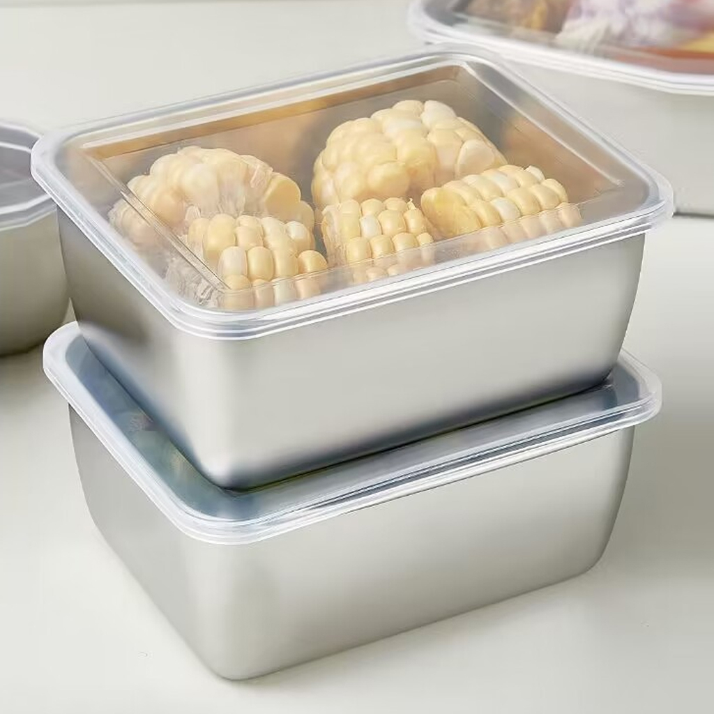 Hộp đựng thực phẩm tủ lạnh có nắp, khay inox trữ đông bảo quản đồ ăn cao cấp an toàn quay lò vi sóng