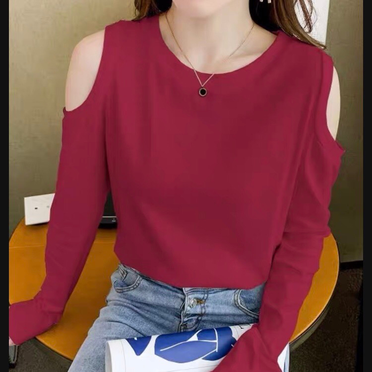 Áo dài tay hở vai chất cotton da cá  LinhDan Store K37/12