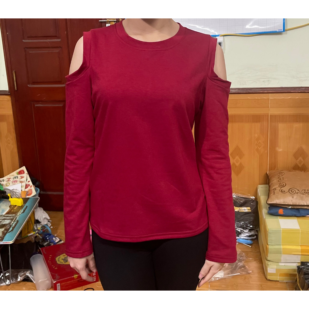 Áo dài tay hở vai chất cotton da cá  LinhDan Store K37/12