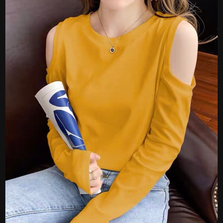 Áo dài tay hở vai chất cotton da cá  LinhDan Store K37/12