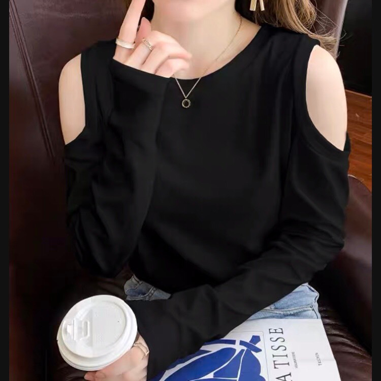 Áo dài tay hở vai chất cotton da cá  LinhDan Store K37/12