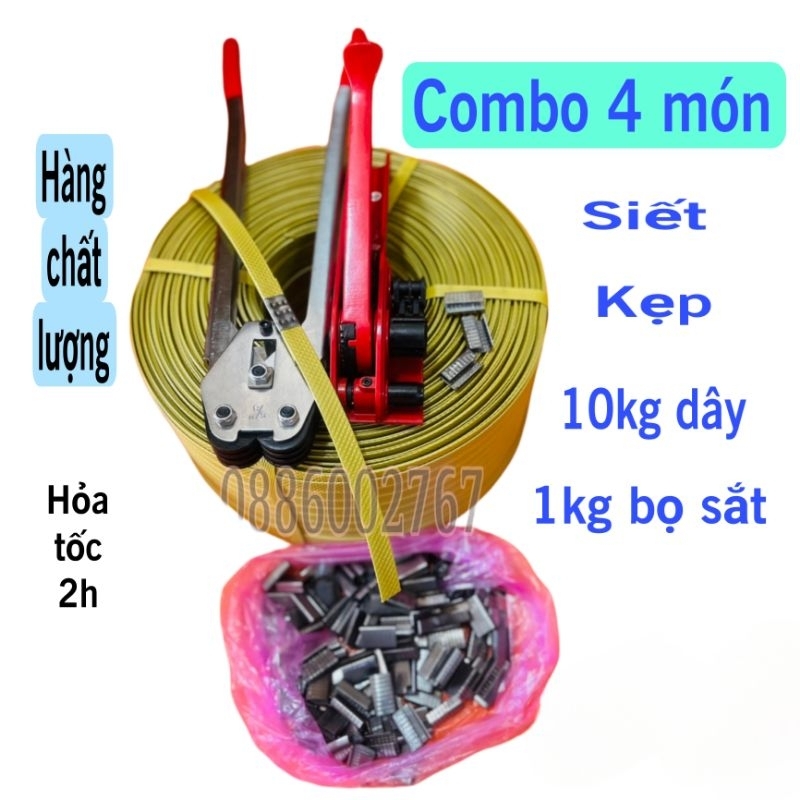 Kìm siết dây đai nhựa pp/pet... combo 4 món gồm kìm kẹp , siết, 1kg bọ khóa, 10 kg Dây đai nhựa pp