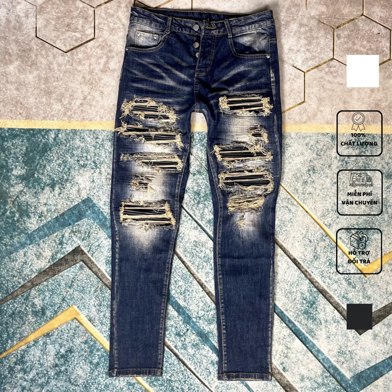 Quần JEAN Nam AMIRI Slimfit xanh đậm rách tua lót da Quần bò Amiri vá nhiều da đen bản đẳng cấp