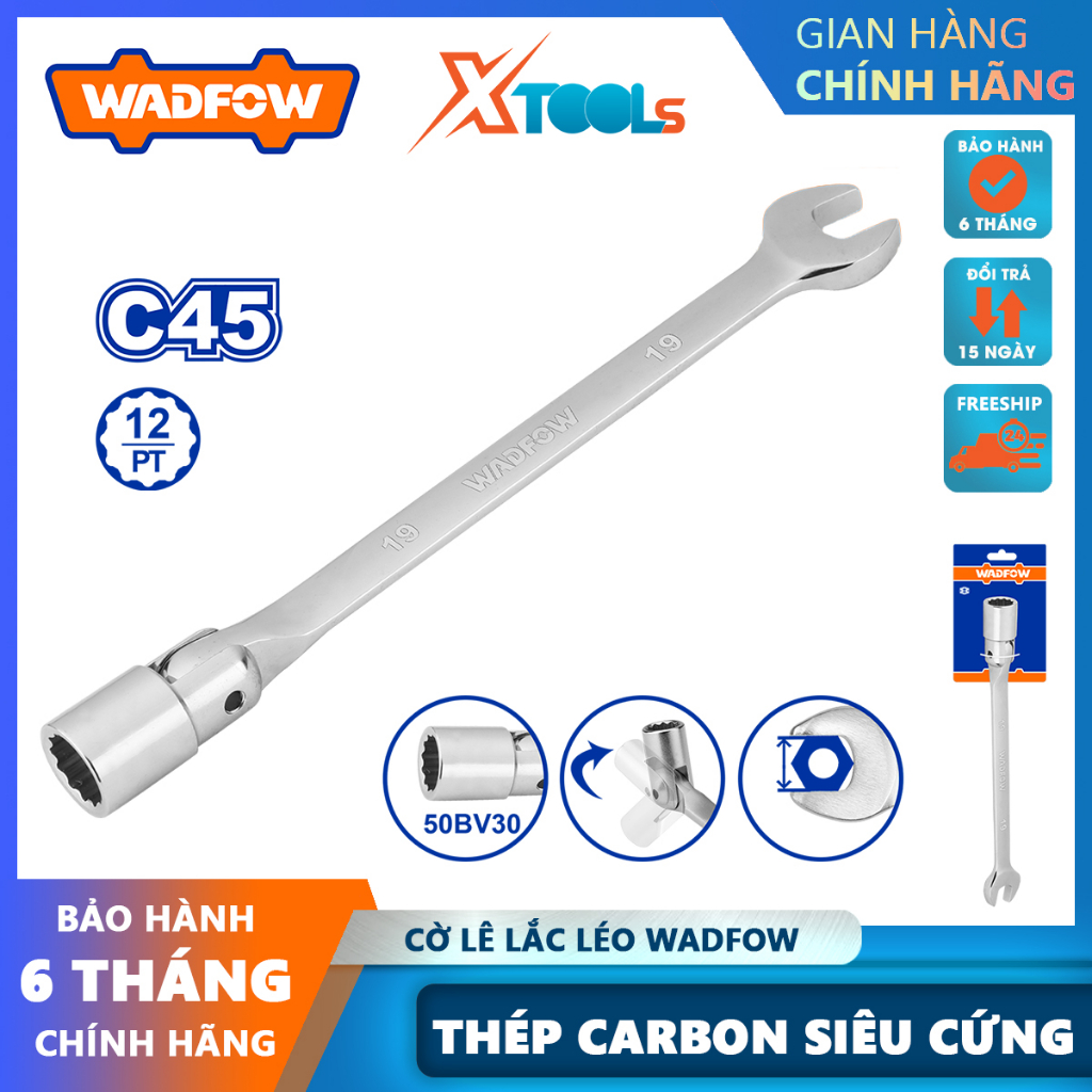 Cờ lê tuýp lắc léo WADFOW, cờ lê vòng miệng kèm đầu tiếp size 8-19mm chất thép carbon siêu bền cứng, không bị toe đầu