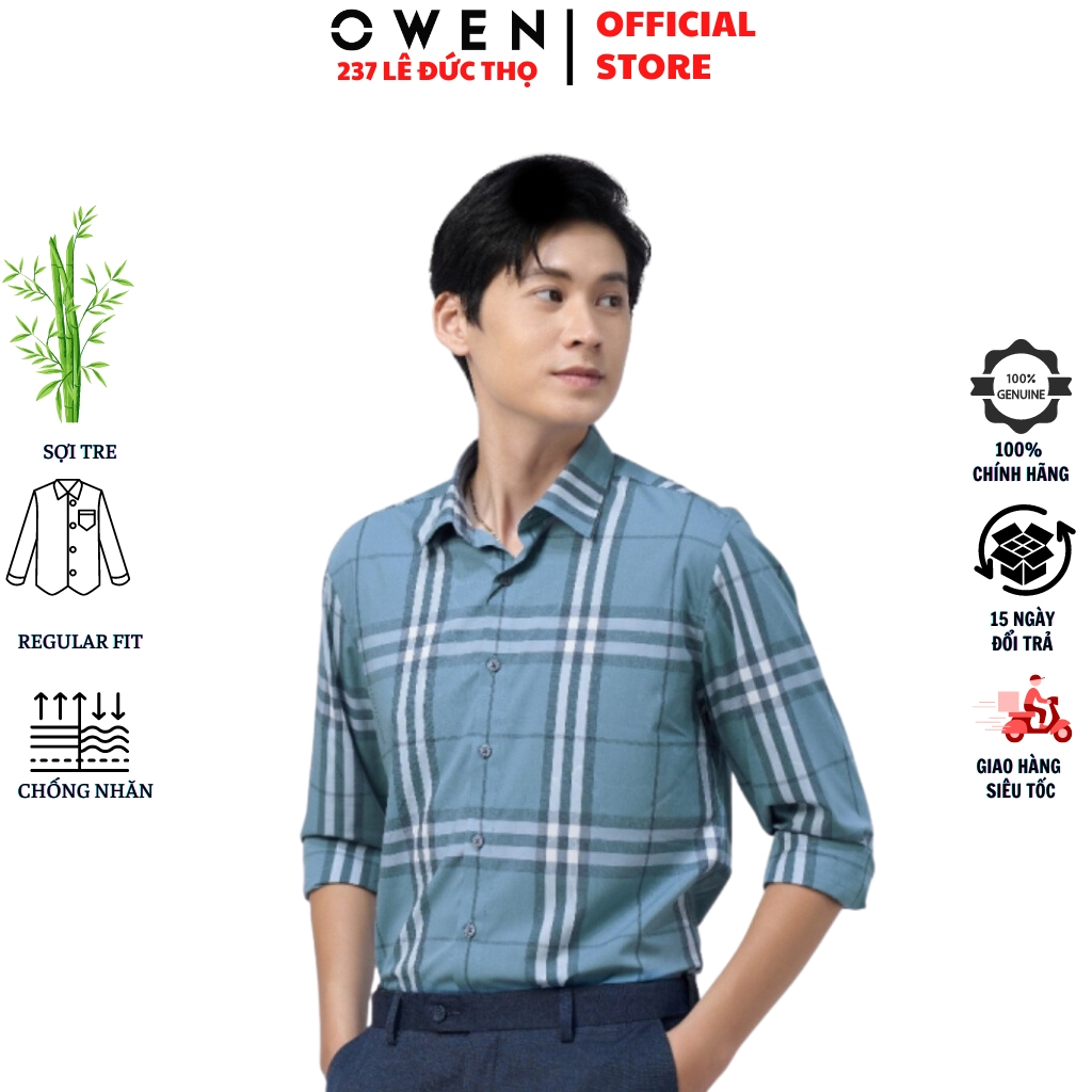 Áo sơ mi nam OWEN AR220845D somi dài tay công sở kẻ caro lớn xanh đậm regular fit tà lượn có túi chất sợi tre cao cấp