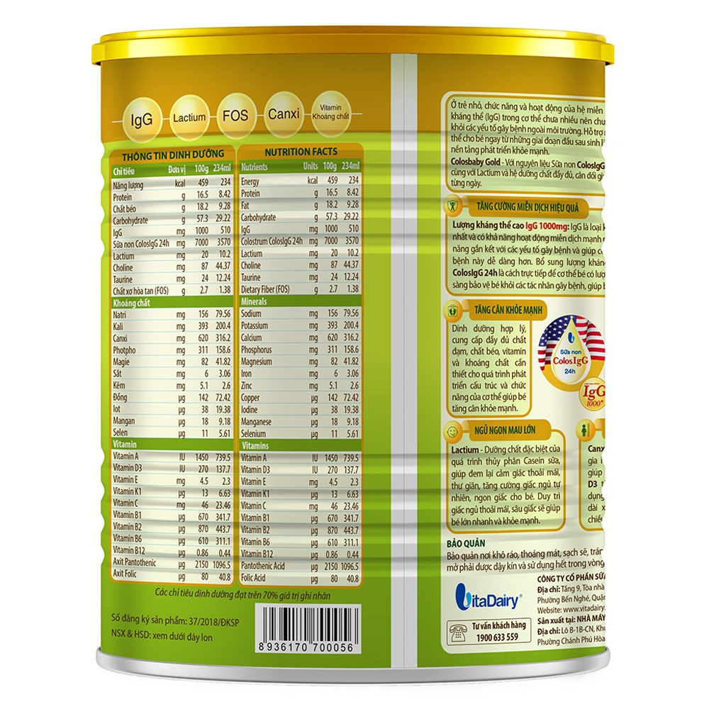 Sữa Bột Vitadairy Colosbaby Gold 0+ 400g hỗ trợ tăng cân, tăng cường miễn dịch cho bé