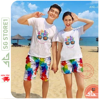 Đồ đi biển đôi nam nữ bộ gồm áo thun và quần short nổi bật đủ size cho nhóm gia đình DDB10 |SGSTORE1