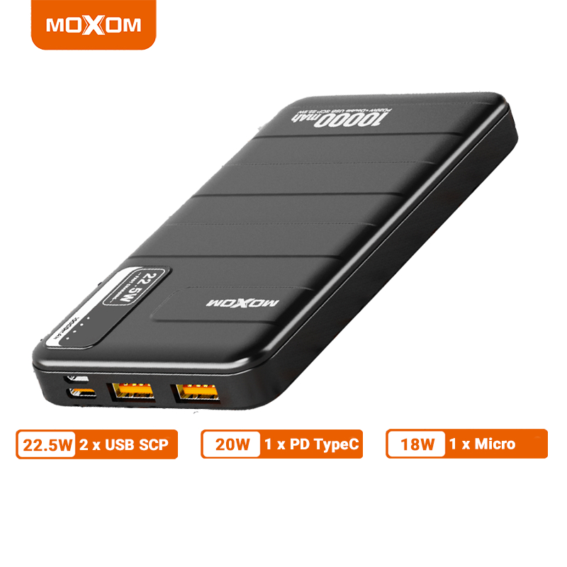 Pin sạc dự phòng nhanh 20W PD 22.5W USB QC MOXOM 10000mAh, 2 Output USB, 1 Output Type-C, 1 Input Micro