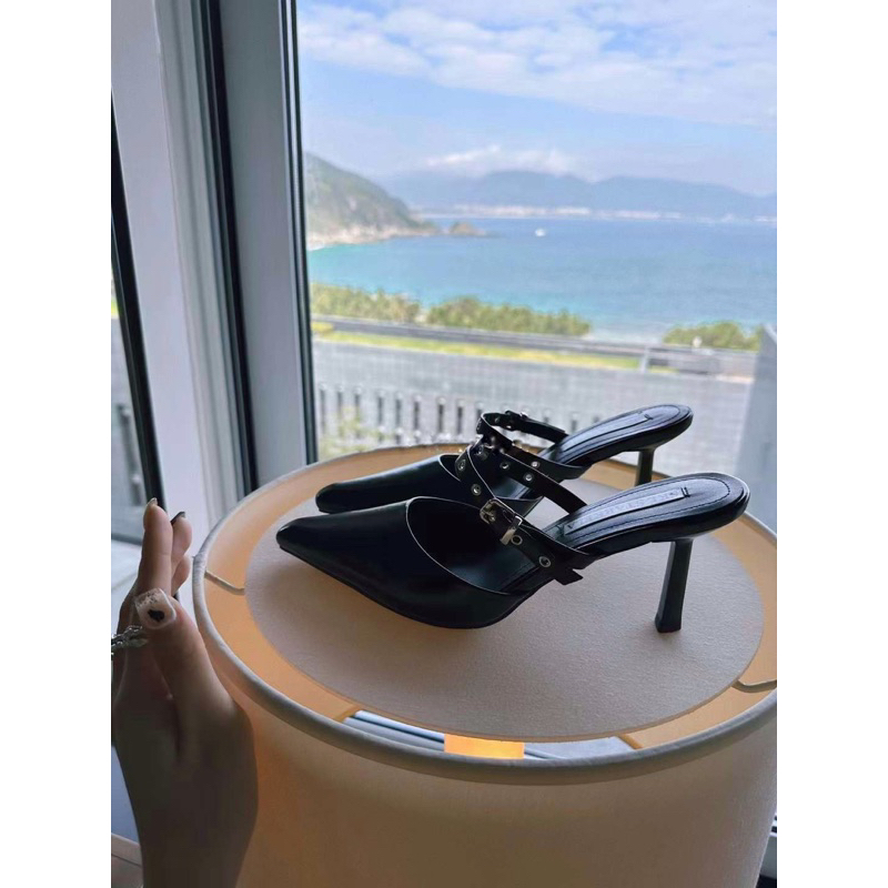 Giày sục Mules da trơn quai khuy cài da trơn mềm êm chân