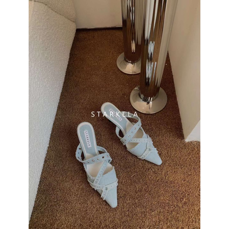 Giày sục Mules chất jean mềm đính khuy sang chảnh cá tính