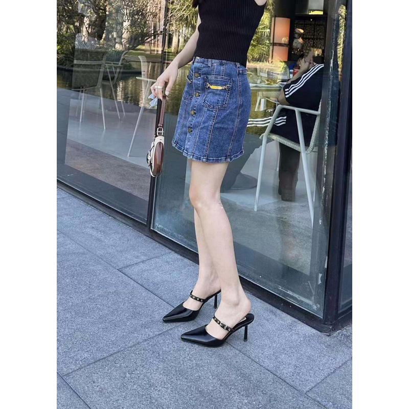 Giày sục Mules da trơn quai khuy cài da trơn mềm êm chân