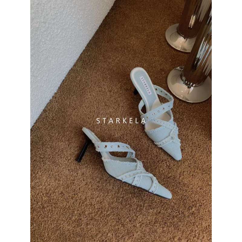 Giày sục Mules chất jean mềm đính khuy sang chảnh cá tính