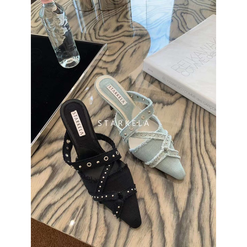 Giày sục Mules chất jean mềm đính khuy sang chảnh cá tính