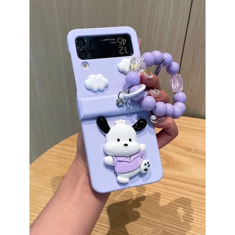 Ốp Z Flip5 - Z Flip4 - Z Flip3 - Flip5 5G giá đỡ / pop cún tai dài charm mây kèm dây hạt và thanh bảo vệ bản lề