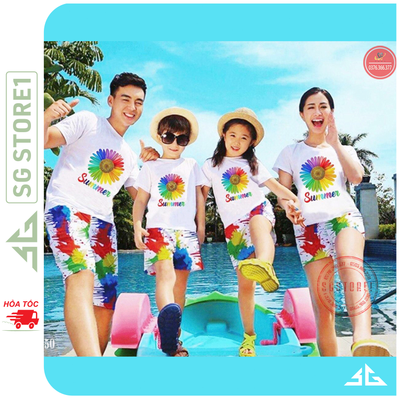 Đồ gia đình đi biển nguyên bộ gồm áo thun và quần short họa tiết nổi bật đủ size hội nhóm DDB150