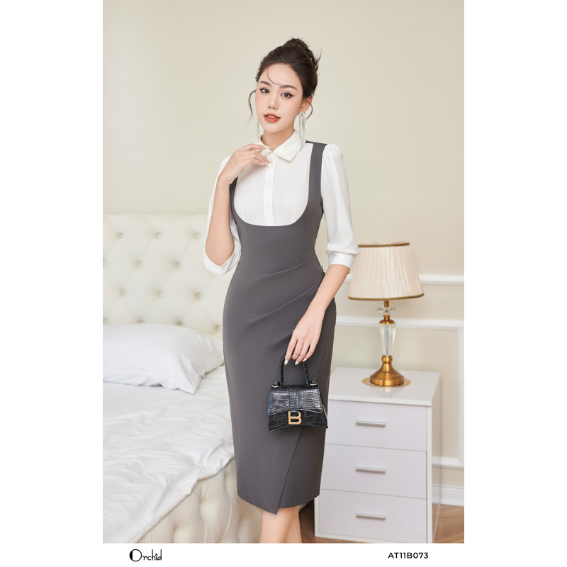 Đầm ôm thiết kế dáng yếm chéo ghi phối cổ cơ mi trắng Orchid - AT11B073