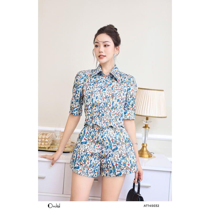 Set áo sơ mi tay lửng phối quần short gấm hoa Orchid - AT14S032