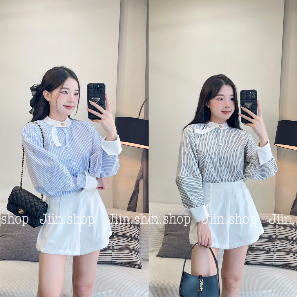 Áo sơ mi cổ đức, kẻ sọc xanh sinh viên học sinh, vintage phong cách Hàn quốc, áo sơ mi dài tay đi học đi làm, công sở