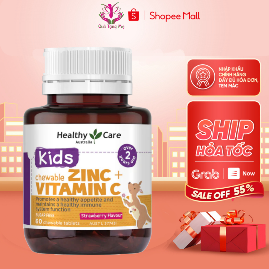 Viên nhai bổ sung kẽm Healthy Care Zinc Vitamin C tăng đề kháng cho bé 60 viên