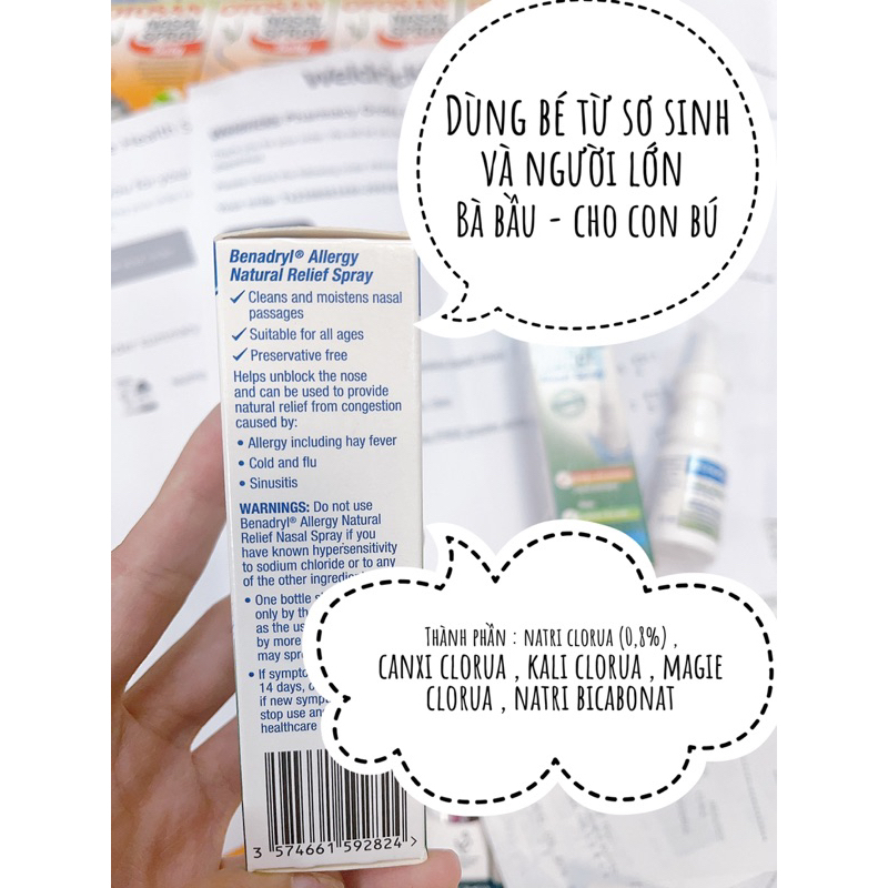 Xịt mũi cúm - Dị ứng - viêm xoang Benadryl Allergy natural relief Spray  Bé sơ sinh - bà bầu - cho con bú