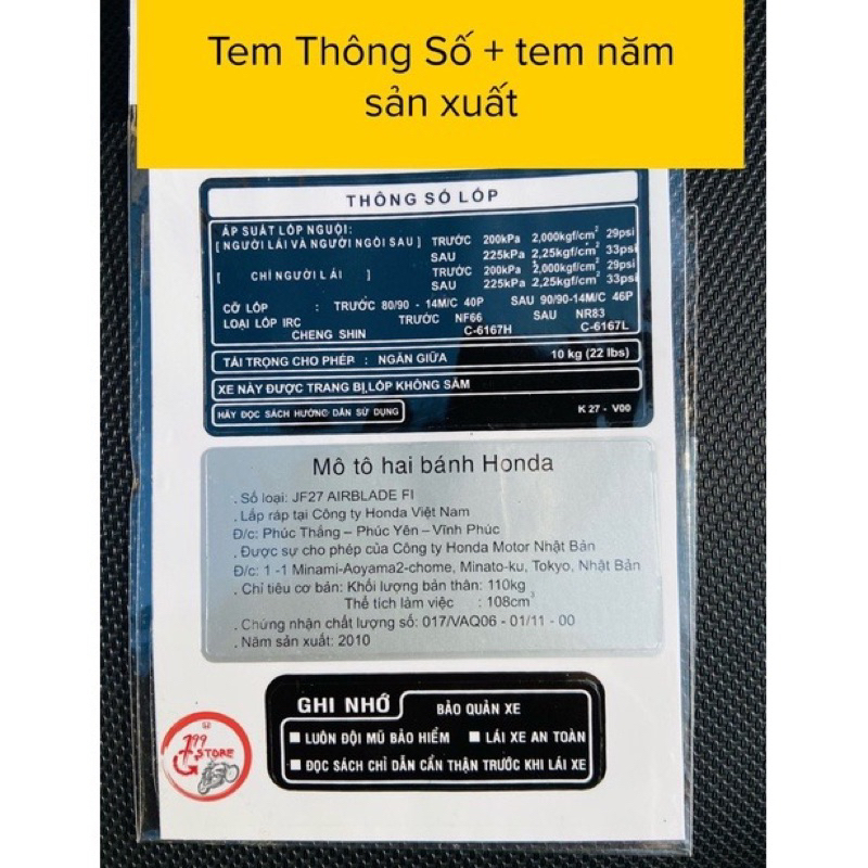 Bộ Tem Thông Số + Năm Sản Xuất + Tem Ghi Nhớ Các Xe Tay Ga HonDa Click Air Blade AB LEAD125 SH MODE PCX VISION SHVN