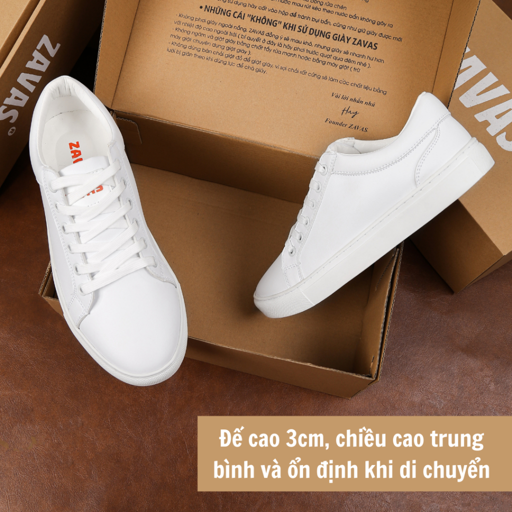 Giày trắng nam ZAVAS bằng da thật phong cách sneaker đế cao 3cm form giày thể thao gọn gàng dễ mặc đồ đi êm chân - Z68