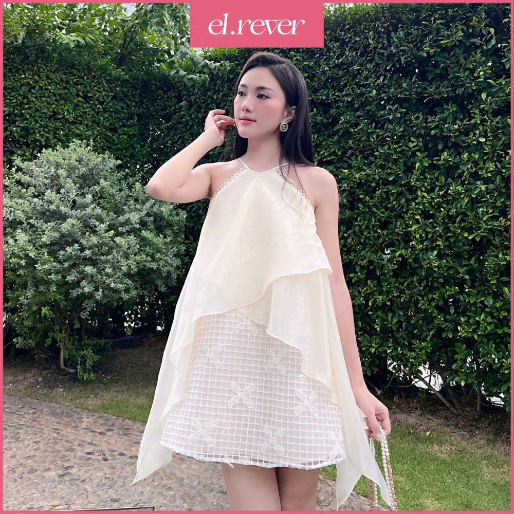 ELRÊVER - Đầm cổ yếm nữ phối phong cách tiểu thư - Màu kem - 0723D81