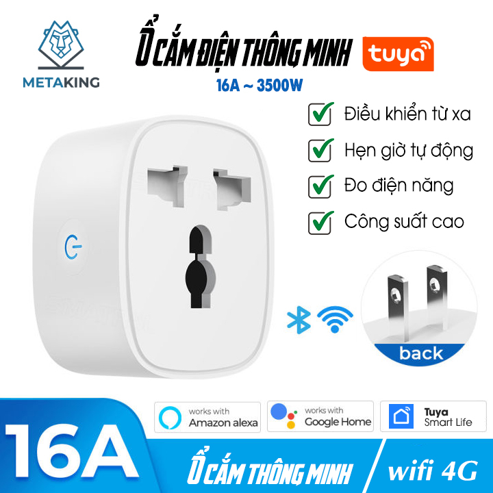 Ổ cắm điện Wifi Tuya Hẹn Giờ, Điều Khiển Từ Xa Thông Minh, 16A, 3500W, Đo Điện Năng Tiêu Thụ, Google & Al