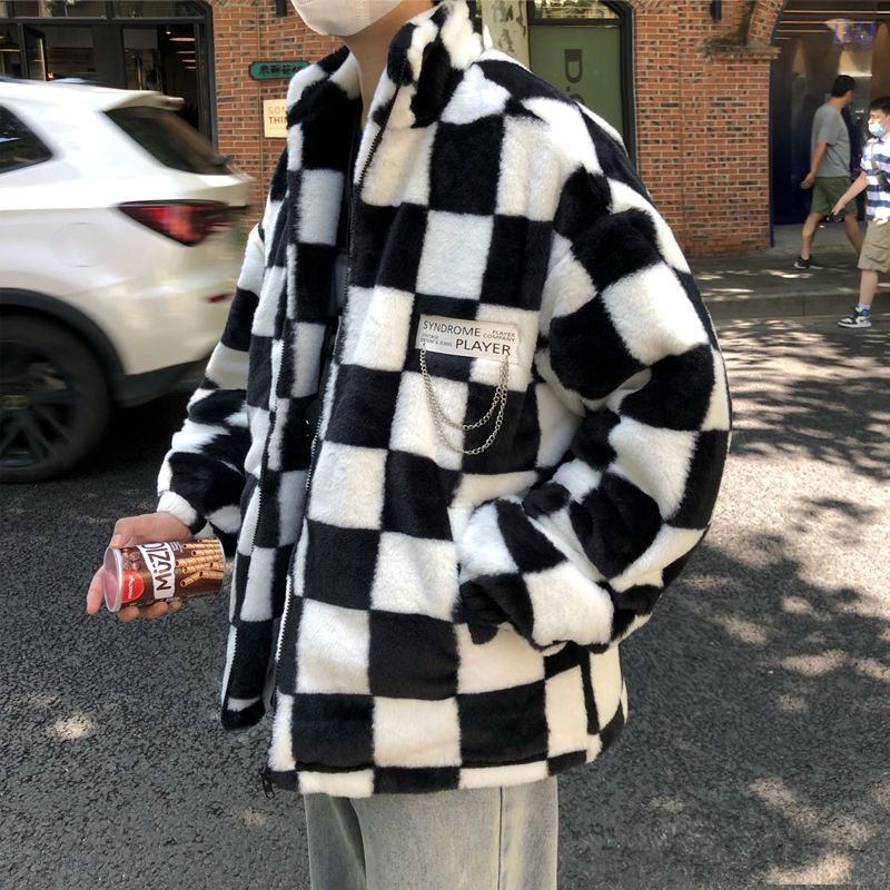 Áo khoác nam lông cừu kẻ ô thời trang thu đông ấm áp
