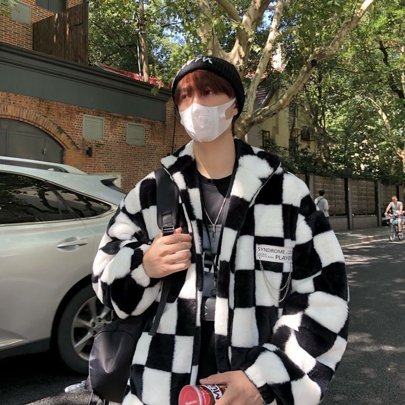 Áo khoác nam lông cừu kẻ ô thời trang thu đông ấm áp
