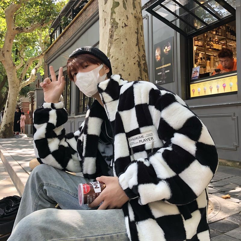 Áo khoác nam lông cừu kẻ ô thời trang thu đông ấm áp