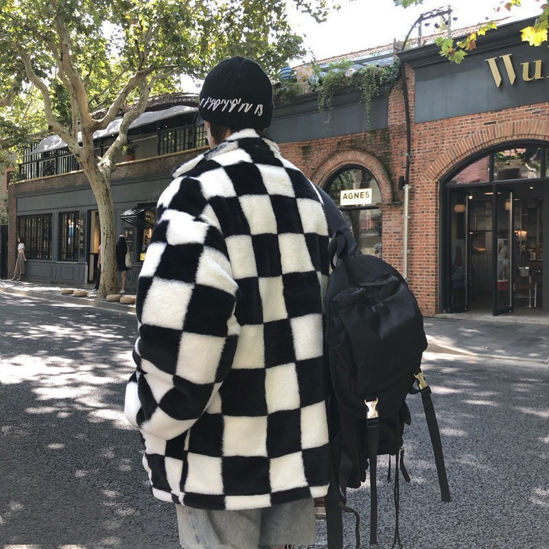 Áo khoác nam lông cừu kẻ ô thời trang thu đông ấm áp