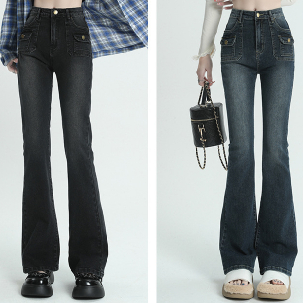 Quần jean ống loe túi hộp 2 bên cho nữ cạp cao hot 2023