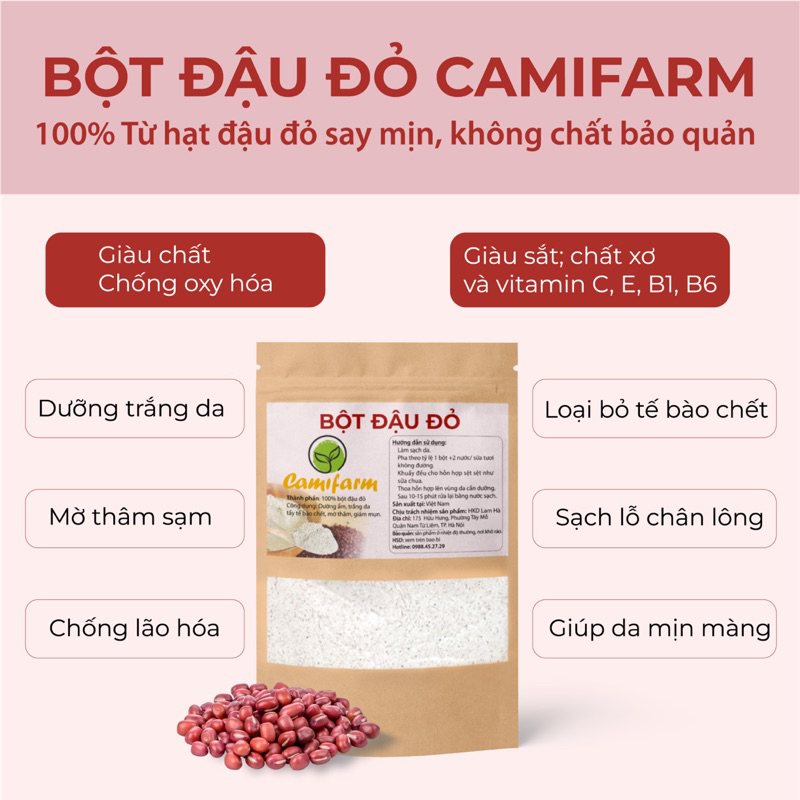 Bột đậu đỏ nguyên chất Camifarm đắp mặt, tẩy da chết body 50g