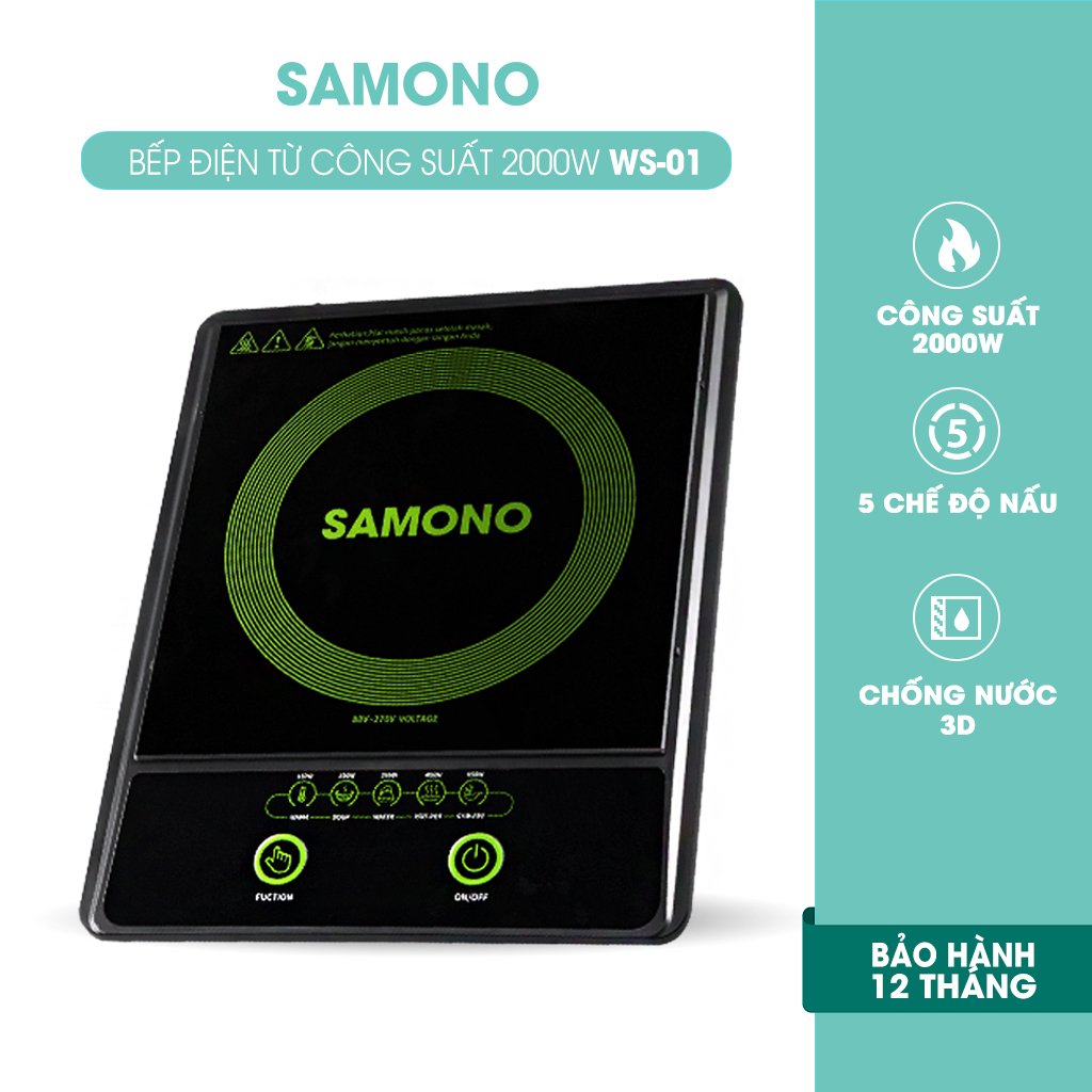 (BH 1 Năm)Samono Bếp điện từ 2000W 5 chế độ nấu, tắt thông minh, chống nước 3D chống trượt mặt kính dày dặn WS-01