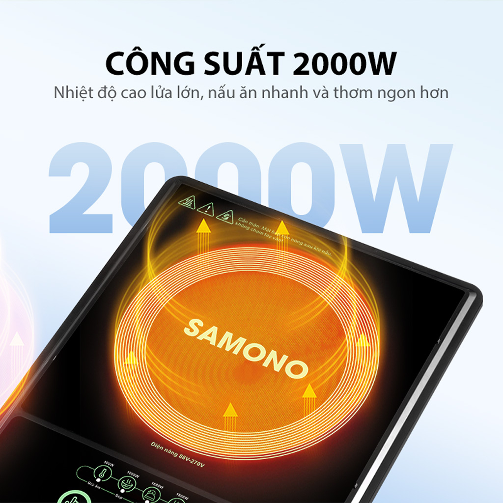 (BH 1 Năm)Samono Bếp điện từ 2000W 5 chế độ nấu, tắt thông minh, chống nước 3D chống trượt mặt kính dày dặn WS-01