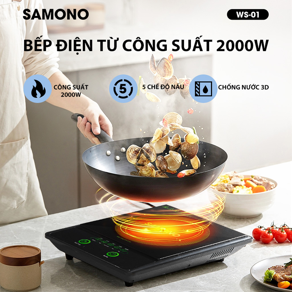 (BH 1 Năm)Samono Bếp điện từ 2000W 5 chế độ nấu, tắt thông minh, chống nước 3D chống trượt mặt kính dày dặn WS-01