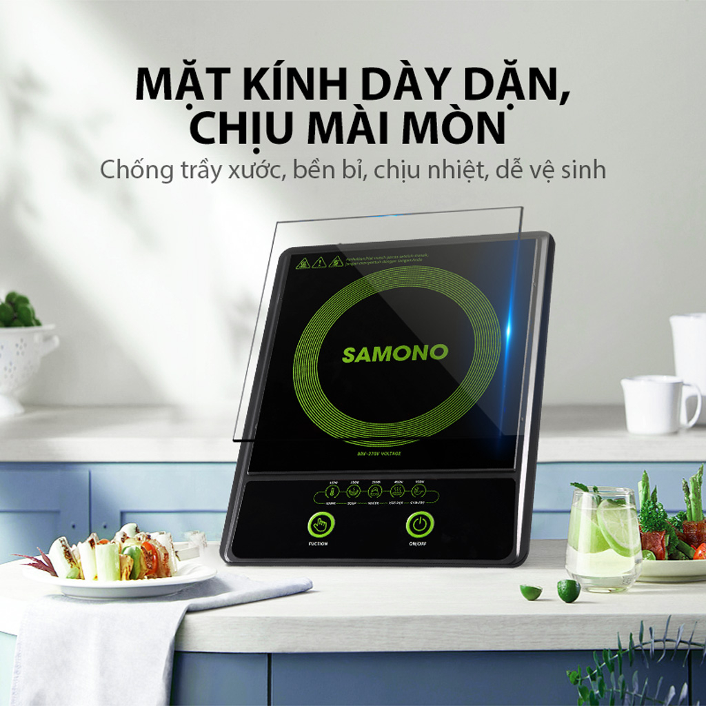 (BH 1 Năm)Samono Bếp điện từ 2000W 5 chế độ nấu, tắt thông minh, chống nước 3D chống trượt mặt kính dày dặn WS-01