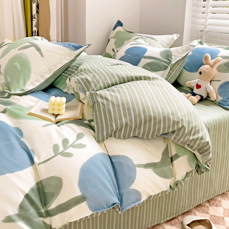 Bộ chăn ga gối Cotton Poly Lidaco hoa tulip xanh