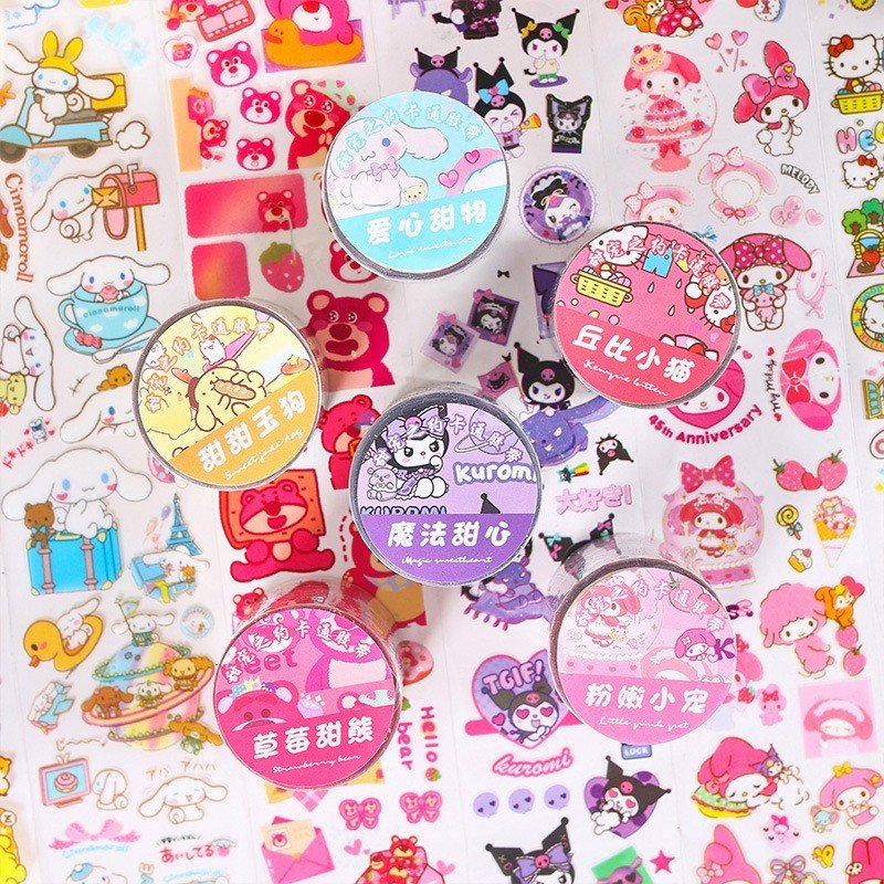 Sticker cuộn Sanrio hình dán trang trí sổ,toploader bút, kệ..Kuromi, Cinnamoroll,Purin,Pochacco, Melody,Kitty (2