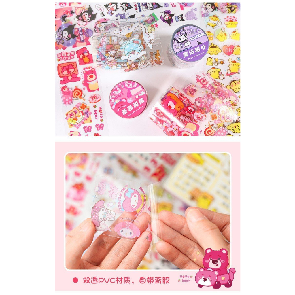 Sticker cuộn Sanrio hình dán trang trí sổ,toploader bút, kệ..Kuromi, Cinnamoroll,Purin,Pochacco, Melody,Kitty (2