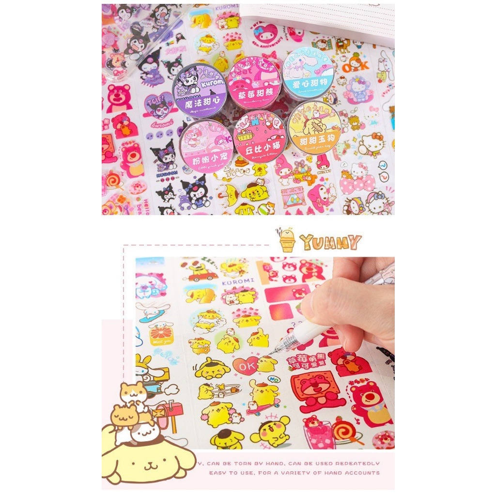 Sticker cuộn Sanrio hình dán trang trí sổ,toploader bút, kệ..Kuromi, Cinnamoroll,Purin,Pochacco, Melody,Kitty (2