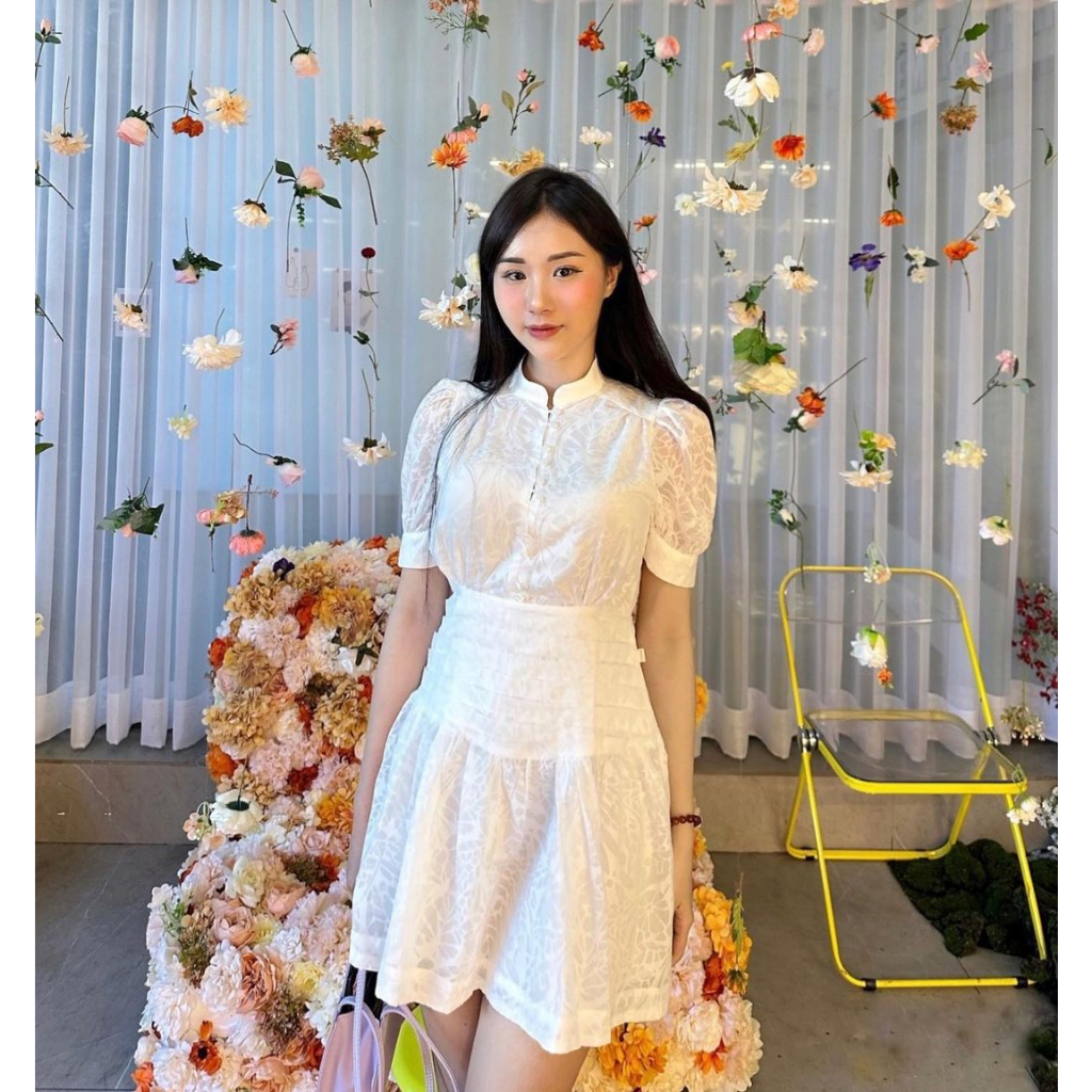 Váy liền nữ Méo shop kiểu Hàn ngắn tay cổ tàu hoạ tiết hoa dáng xòe Cerin