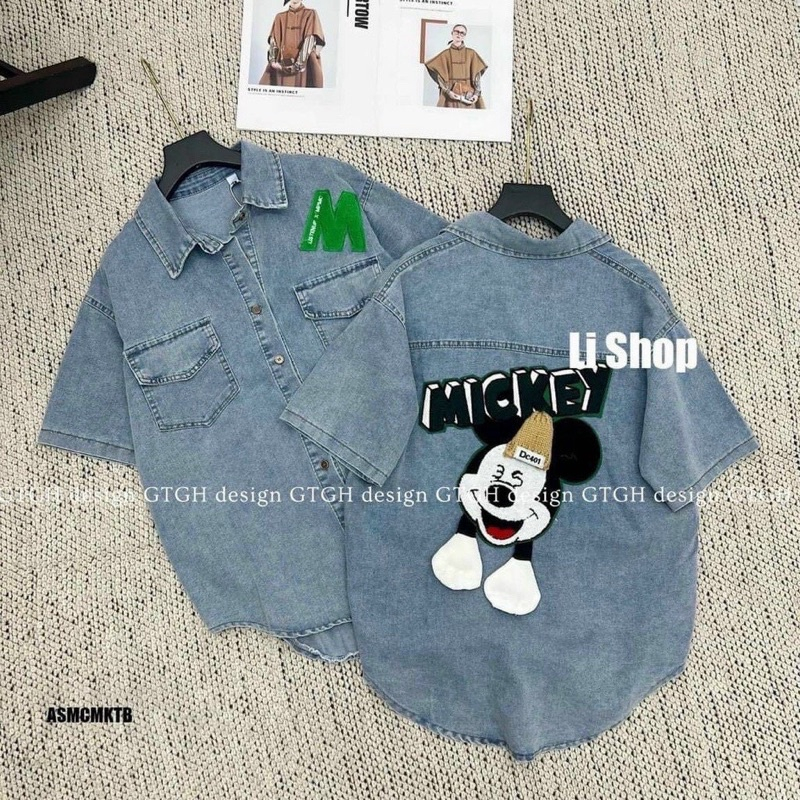 Áo sơ mi jean thiết kế hai túi in hình mickey xinh M005