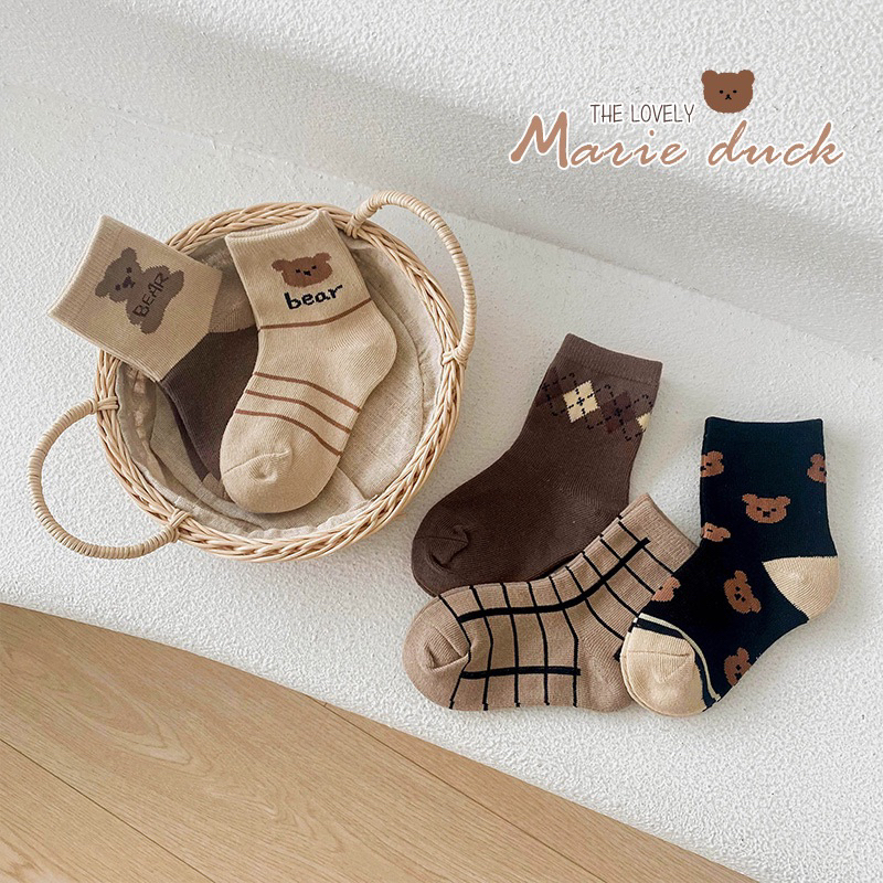 Set 5 đôi tất cotton gấu nâu kẻ bé trai , gái sợi bông mềm mại thoáng khi khử mùi te5