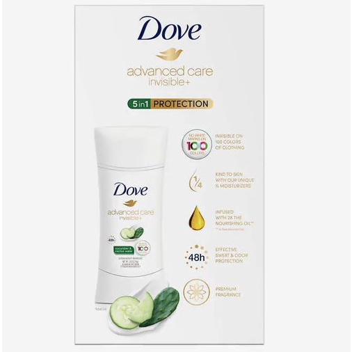 Lăn khử mùi nữ Dove Advanced Care Invisible+ Antiperspirant Deodorant Stick chiết xuất dưa leo và nước xương rồng tươi m
